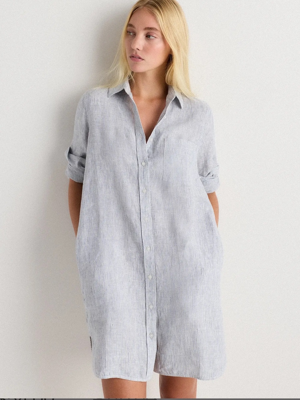 Quince 100% European Linen Shirt Dress Blue Pinstripe